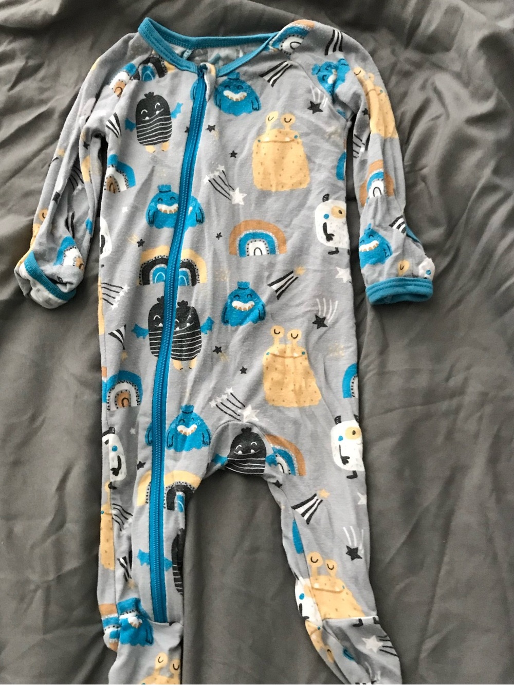 BAMBOO PJS  Gray Monster Print Footed Baby One-Piece with Teal Trim